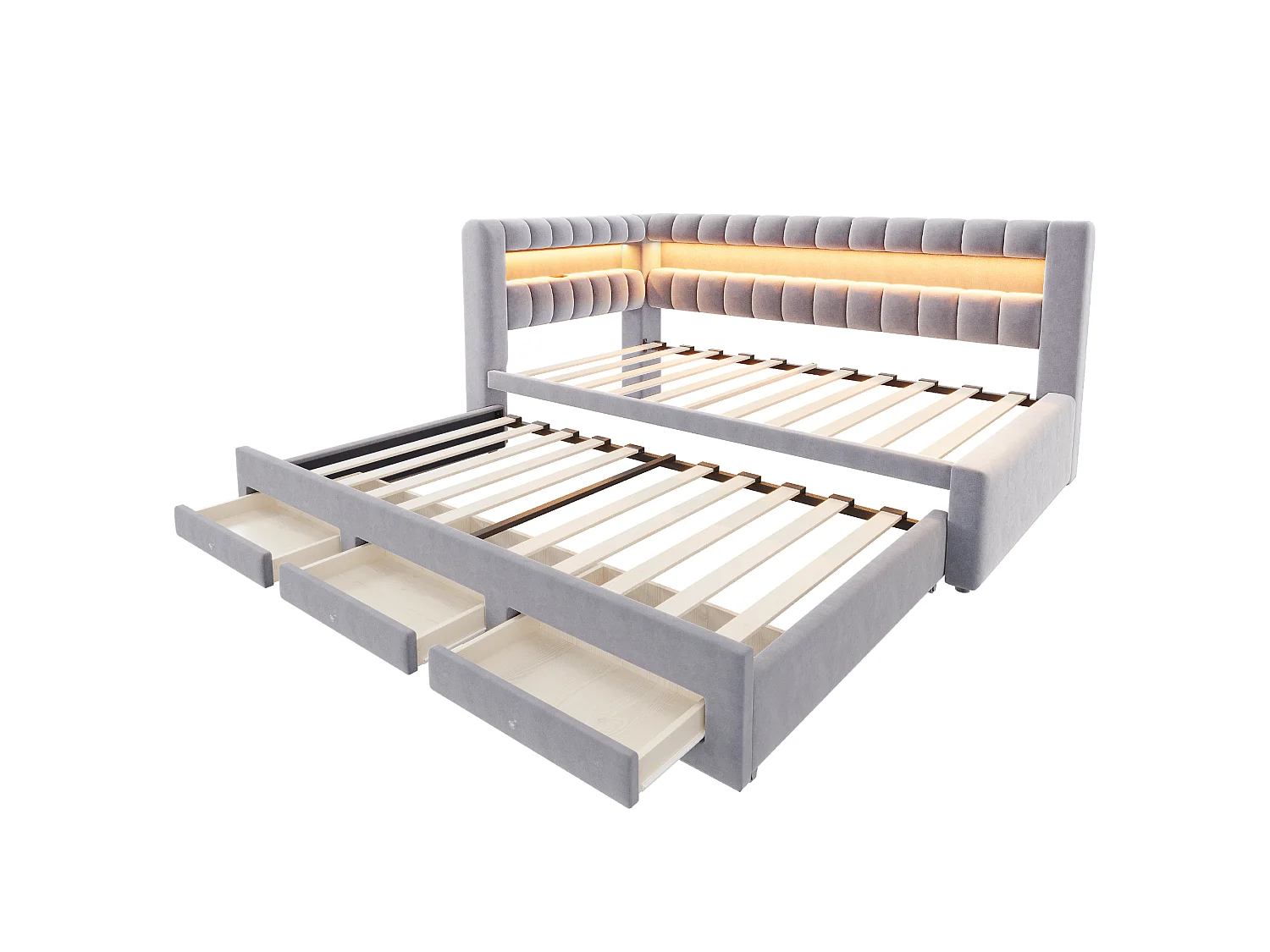 Udtræksseng 90 x 190 cm + 90 x 190 cm med 3 skuffer, hovedgærde med opbevaring, LED og USB/Type-C porte - Fløjl - Lysegrå (madras medfølger ikke)