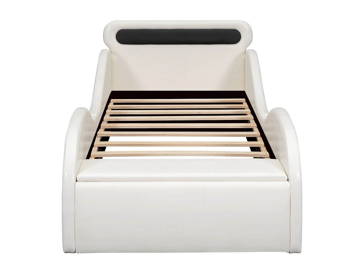 Lit enfant 90 x 200 cm forme voiture avec 4 roues LED et rangement intégré – PU et MDF – Blanc (Sans matelas)