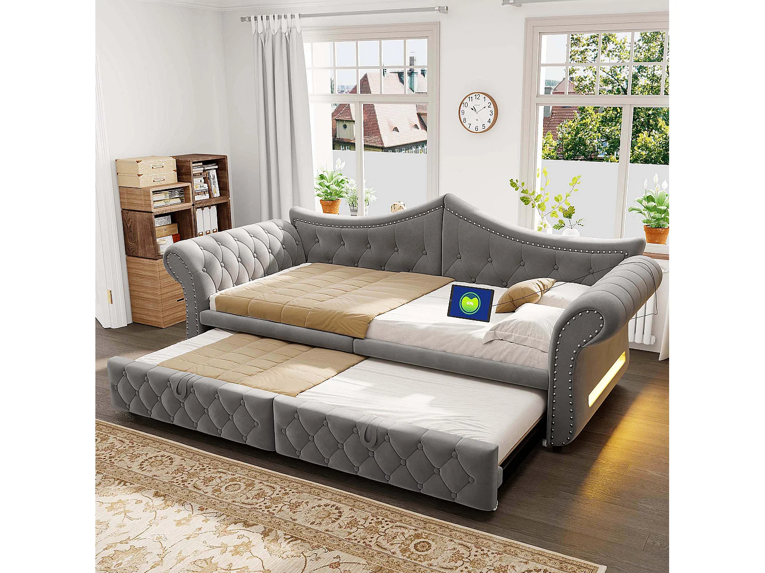 Udtræksseng 90/180 x 200 cm med LED-belysning og USB-port - Velour - Grå (madras medfølger ikke)