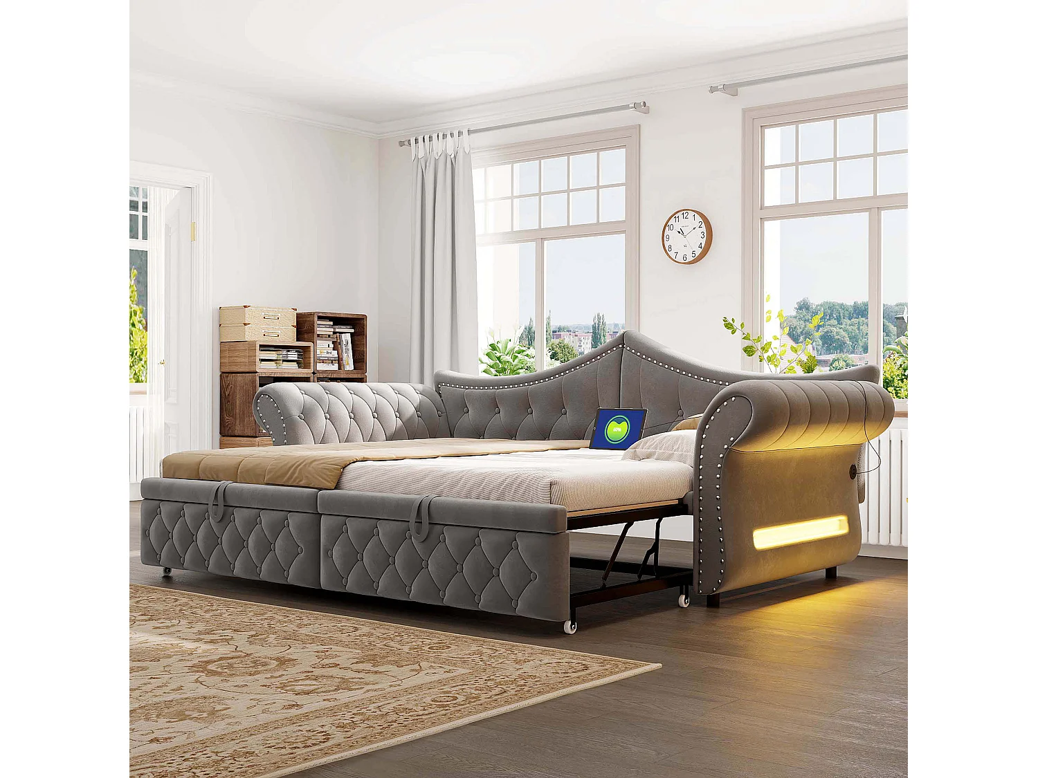 Udtræksseng 90/180 x 200 cm med LED-belysning og USB-port - Velour - Grå (madras medfølger ikke)