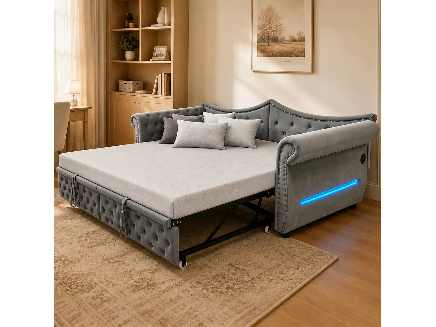 Udtræksseng 90/180 x 200 cm med LED-belysning og USB-port - Velour - Grå (madras medfølger ikke)