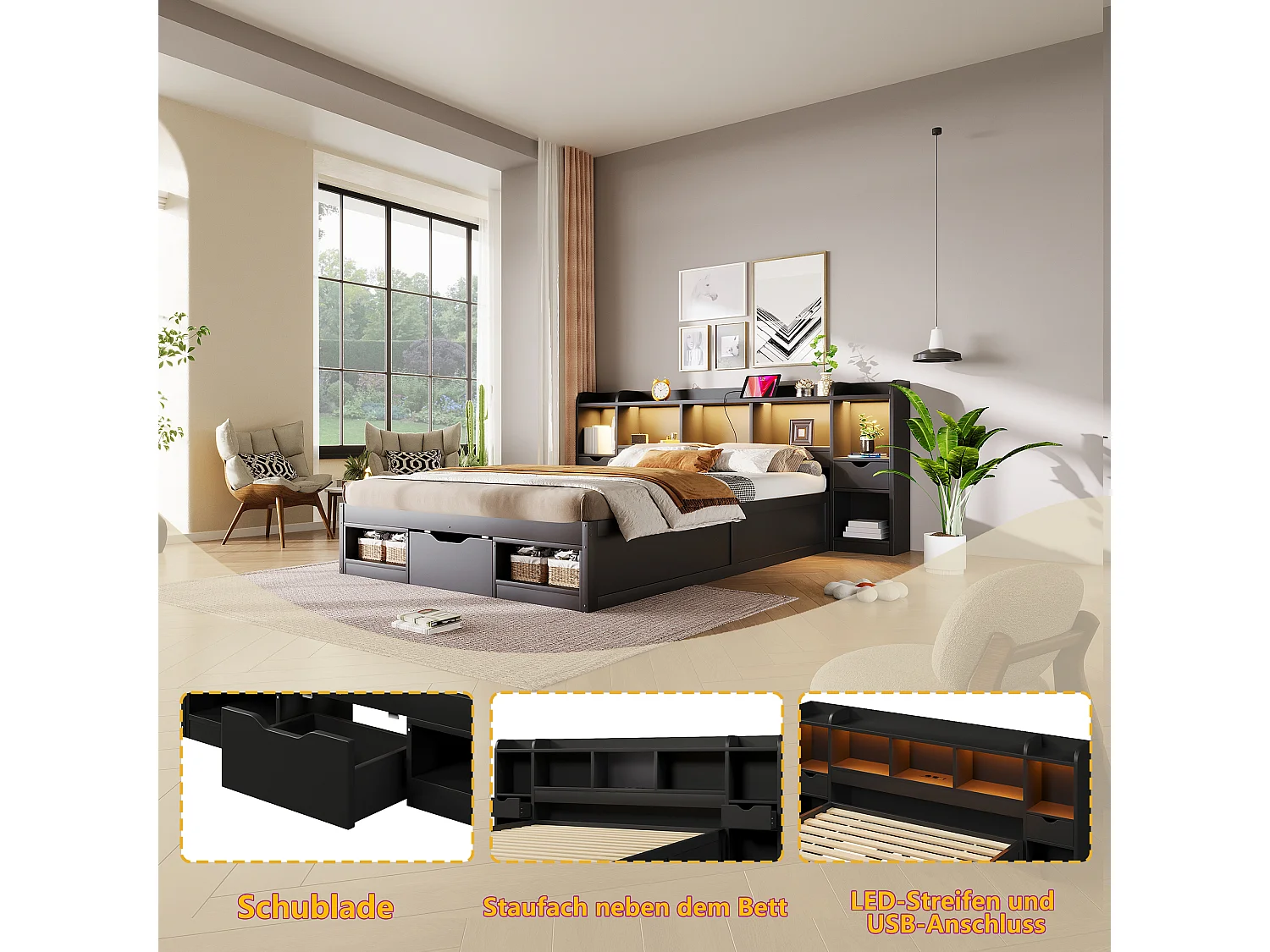 140 x 200 cm bed with headboard storage, 3 drawers, LED lights, and USB port – MDF + Plywood – Black (Mattress not included)