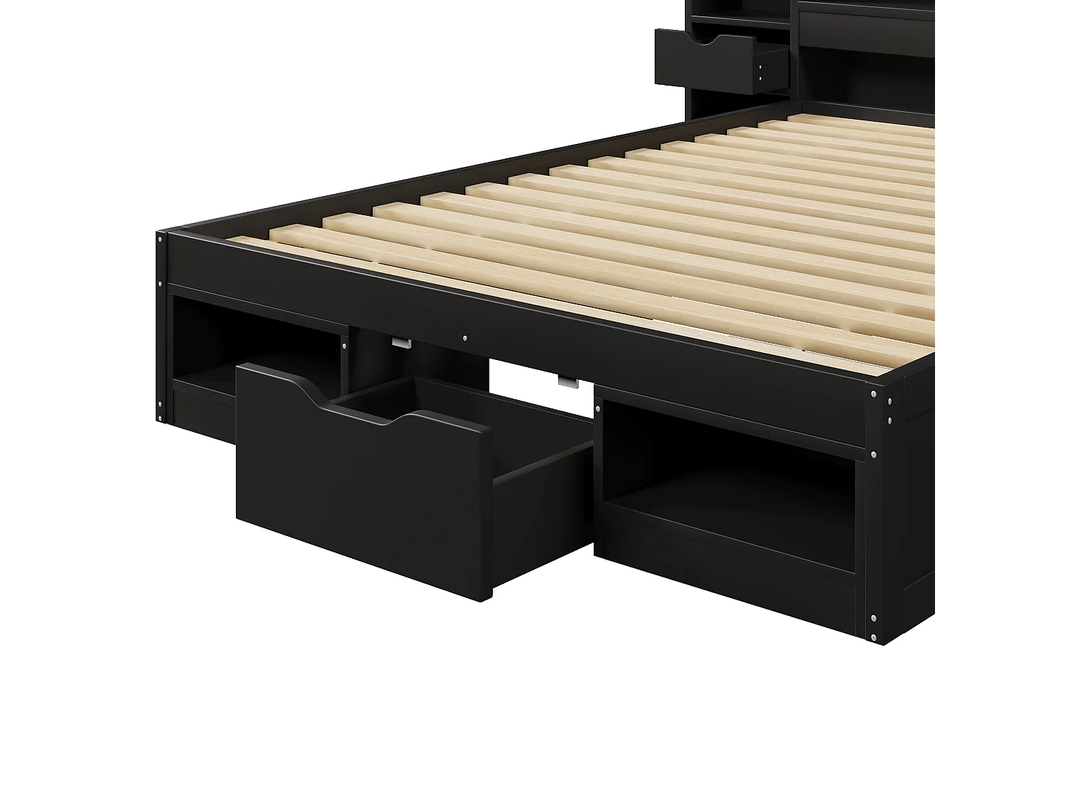 140 x 200 cm bed with headboard storage, 3 drawers, LED lights, and USB port – MDF + Plywood – Black (Mattress not included)