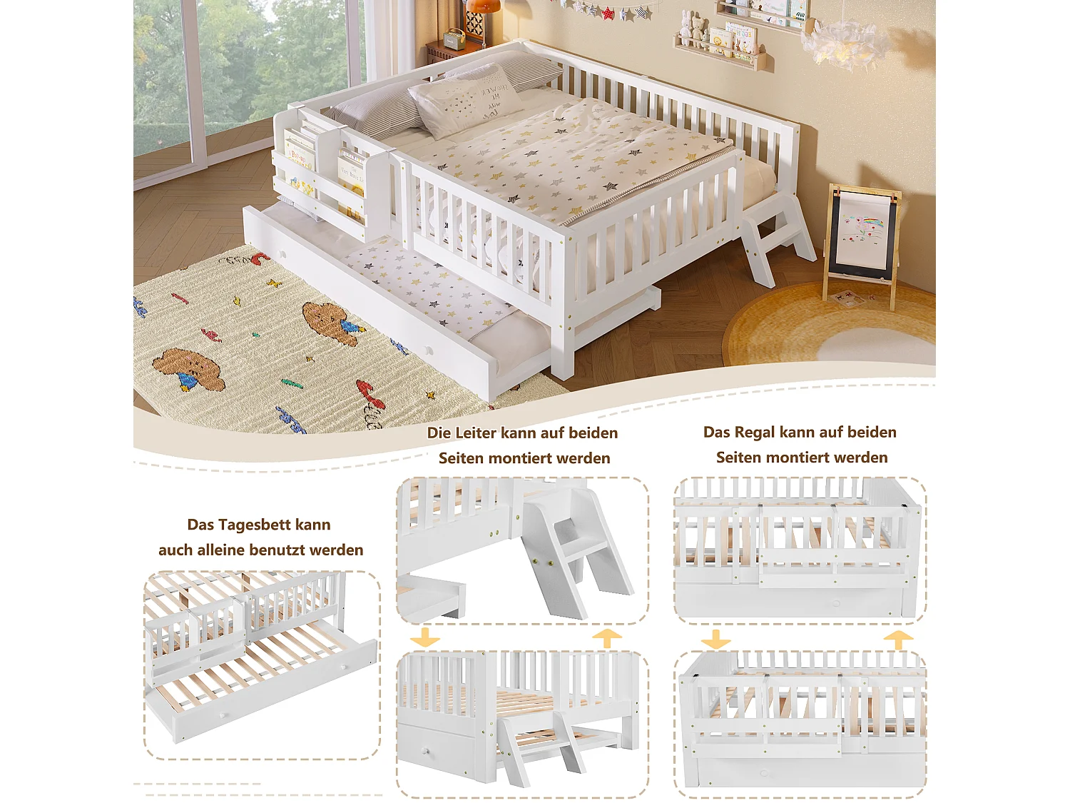 Lit enfant 140 x 200 cm avec lit gigogne, barrières, échelle et étagère réversibles - MDF/Pin - Blanc (Sans matelas)