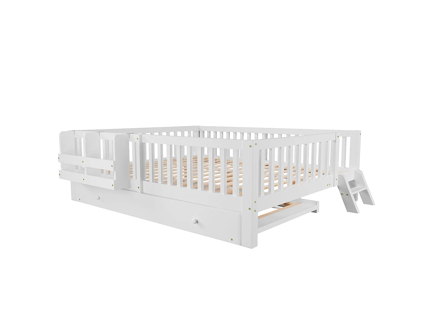 Lit enfant 140 x 200 cm avec lit gigogne, barrières, échelle et étagère réversibles - MDF/Pin - Blanc (Sans matelas)