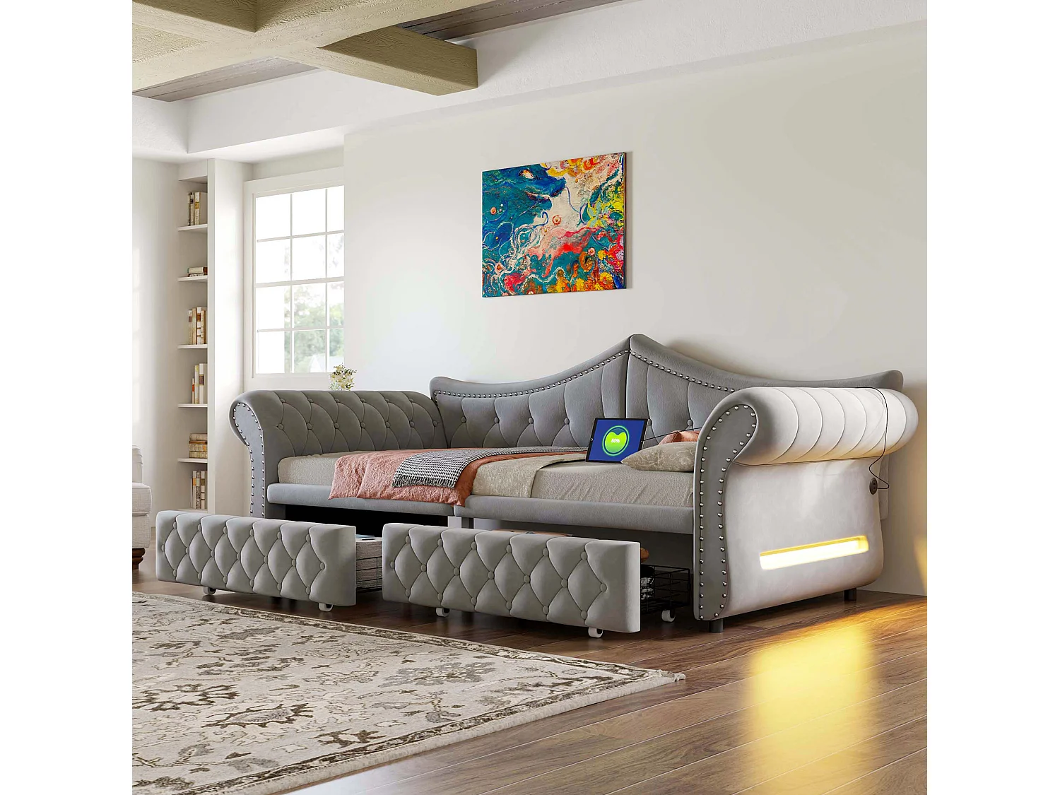 Lit capitonné 90 x 200 cm avec 2 tiroirs, éclairage LED et port USB - Velours - Gris (sans matelas)
