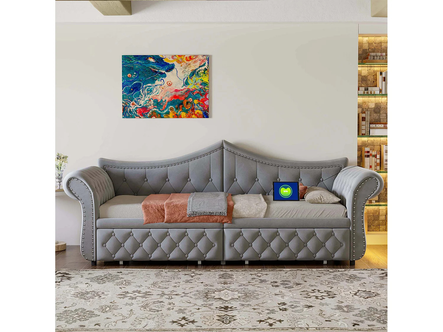 Lit capitonné 90 x 200 cm avec 2 tiroirs, éclairage LED et port USB - Velours - Gris (sans matelas)