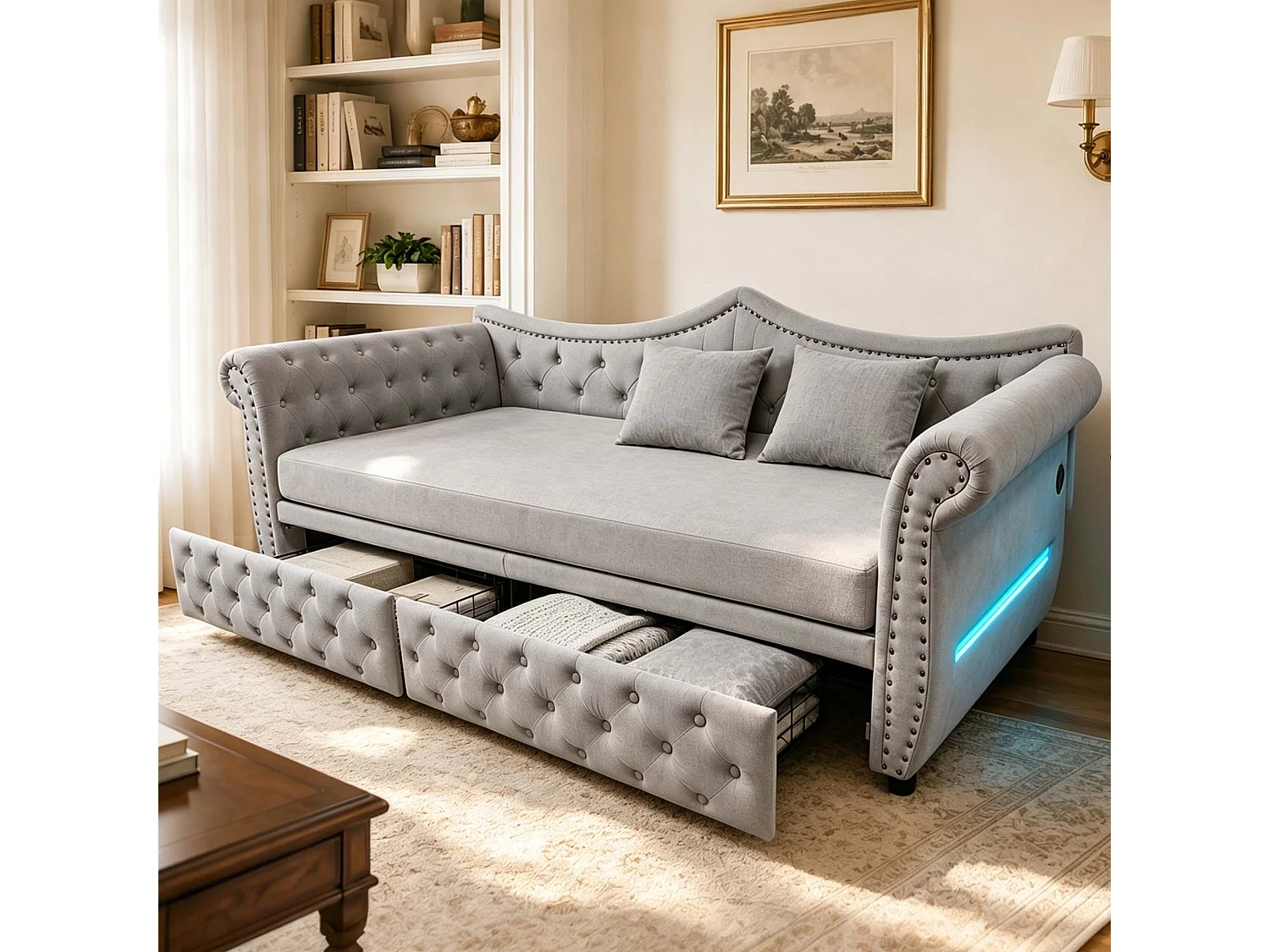 Lit capitonné 90 x 200 cm avec 2 tiroirs, éclairage LED et port USB - Velours - Gris (sans matelas)