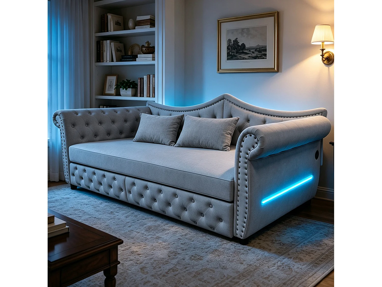 Lit capitonné 90 x 200 cm avec 2 tiroirs, éclairage LED et port USB - Velours - Gris (sans matelas)