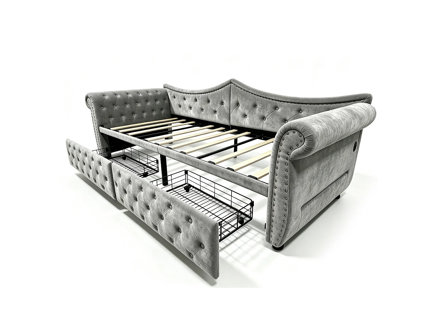 Lit capitonné 90 x 200 cm avec 2 tiroirs, éclairage LED et port USB - Velours - Gris (sans matelas)