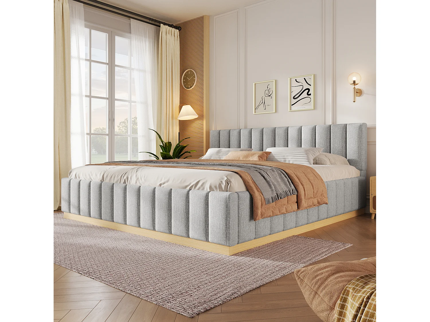 Polstret seng 180 x 200 cm med hovedgærde, afrundede kanter og lav ramme – Chenille og krydsfiner – Grå (Madras medfølger ikke)
