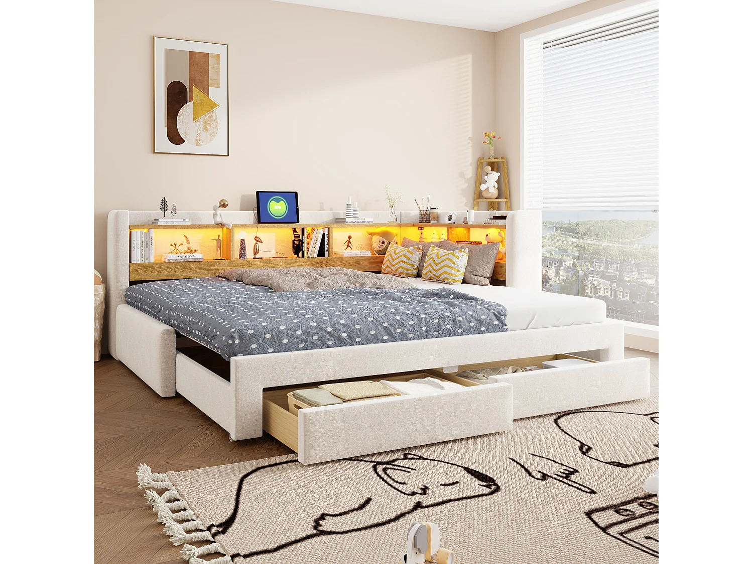Trundle bed 90/180 x 200 cm with 2 drawers, LED lighting and electrical outlet - Velvet - Beige (mattress not included)