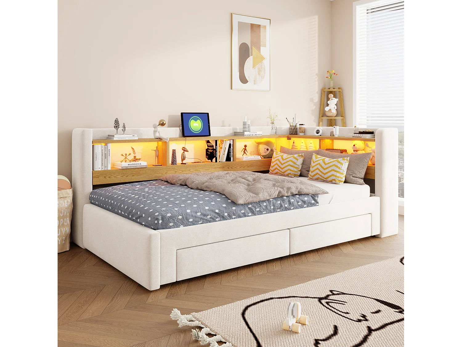 Trundle bed 90/180 x 200 cm with 2 drawers, LED lighting and electrical outlet - Velvet - Beige (mattress not included)