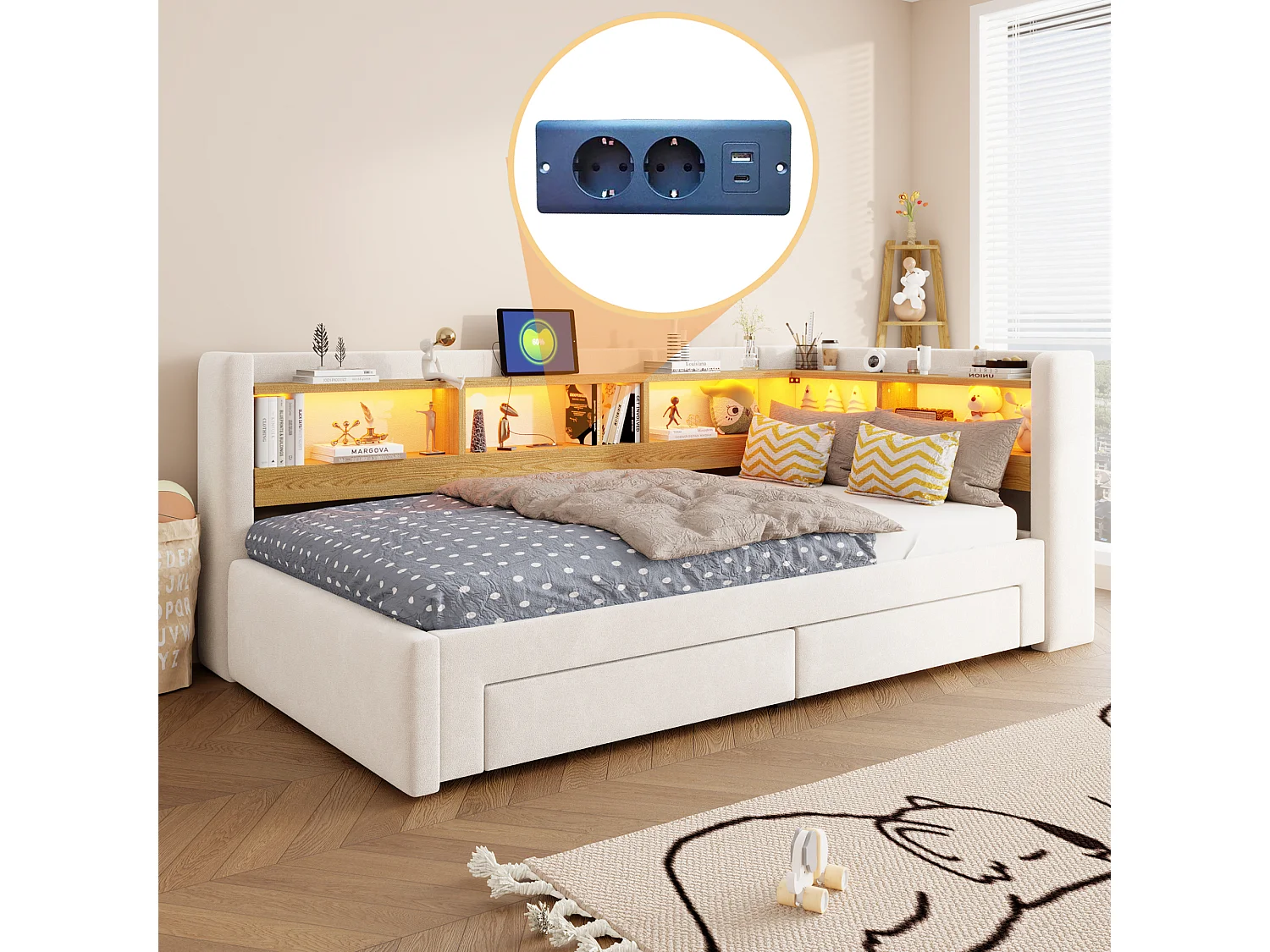 Trundle bed 90/180 x 200 cm with 2 drawers, LED lighting and electrical outlet - Velvet - Beige (mattress not included)