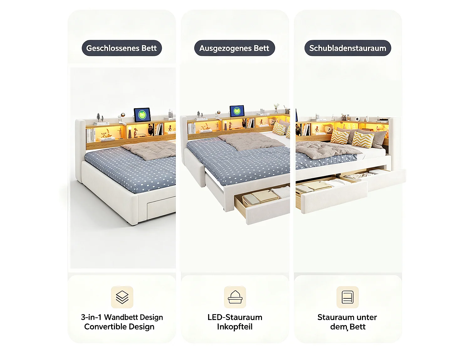 Trundle bed 90/180 x 200 cm with 2 drawers, LED lighting and electrical outlet - Velvet - Beige (mattress not included)