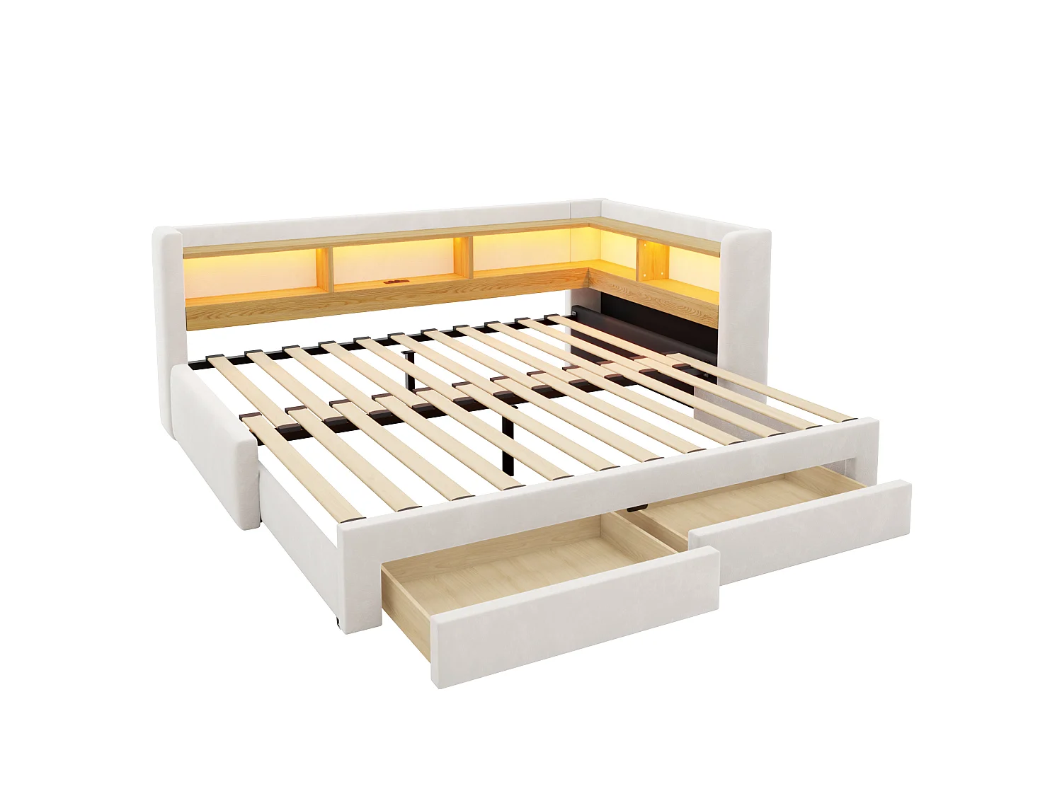Trundle bed 90/180 x 200 cm with 2 drawers, LED lighting and electrical outlet - Velvet - Beige (mattress not included)