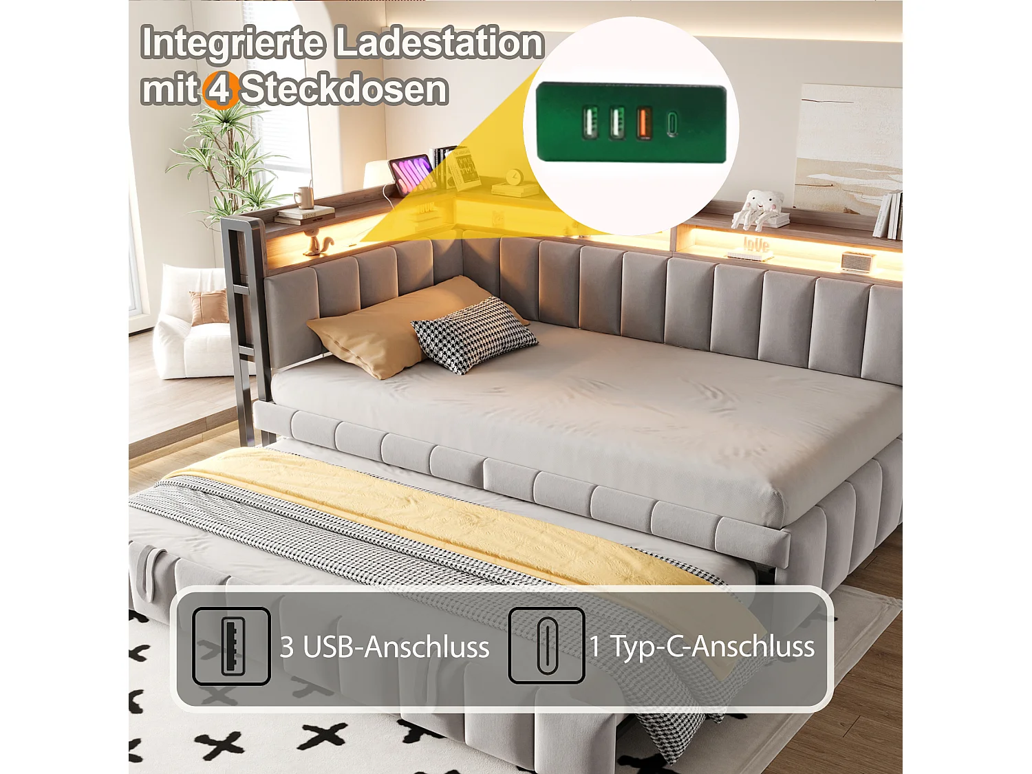 Udtræksseng 90 x 200 cm + 90 x 190 cm med hovedgærde, LED-belysning og USB/Type-C-porte - Fløjl - Lysegrå (madras medfølger ikke)