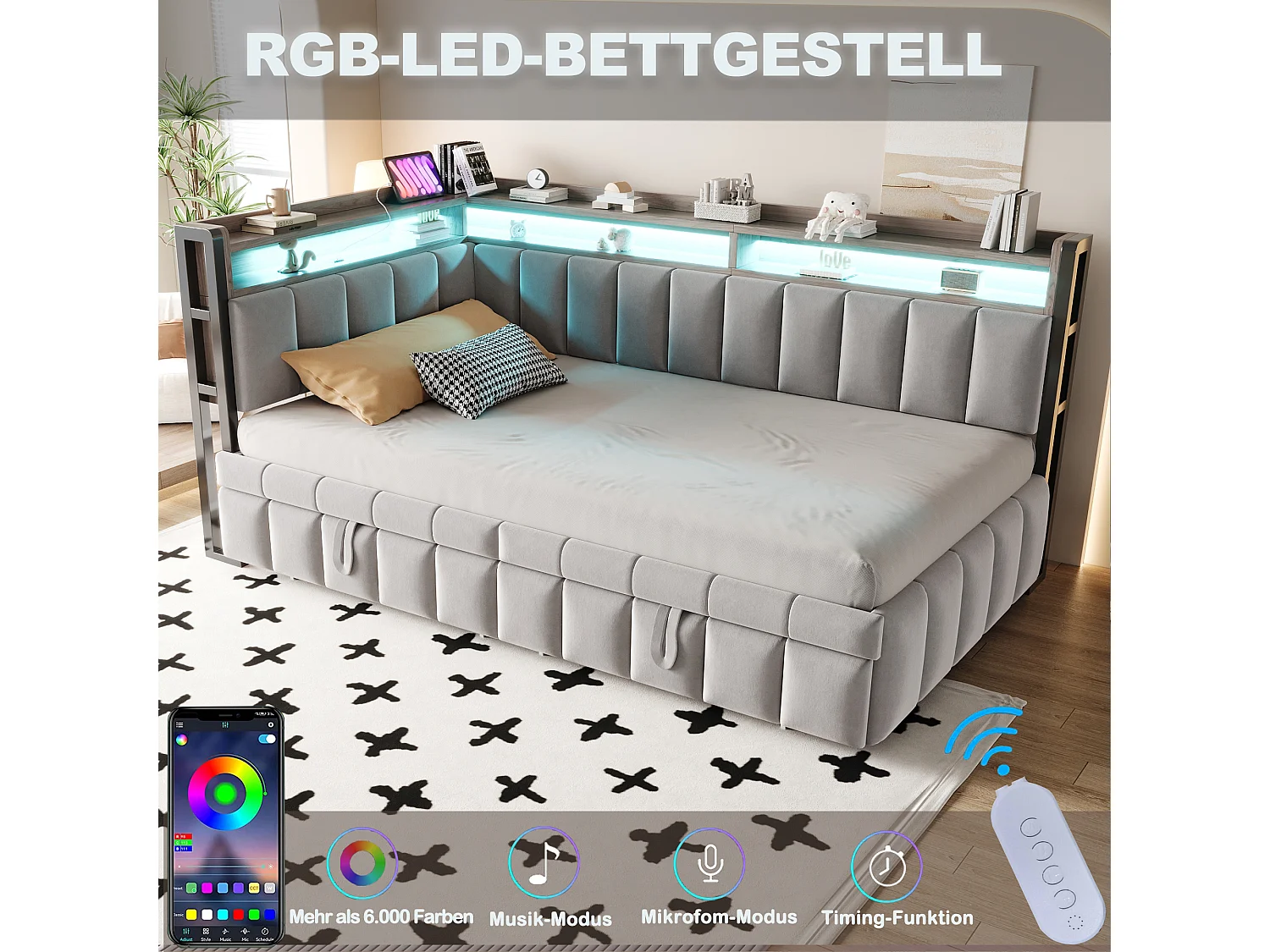 Udtræksseng 90 x 200 cm + 90 x 190 cm med hovedgærde, LED-belysning og USB/Type-C-porte - Fløjl - Lysegrå (madras medfølger ikke)