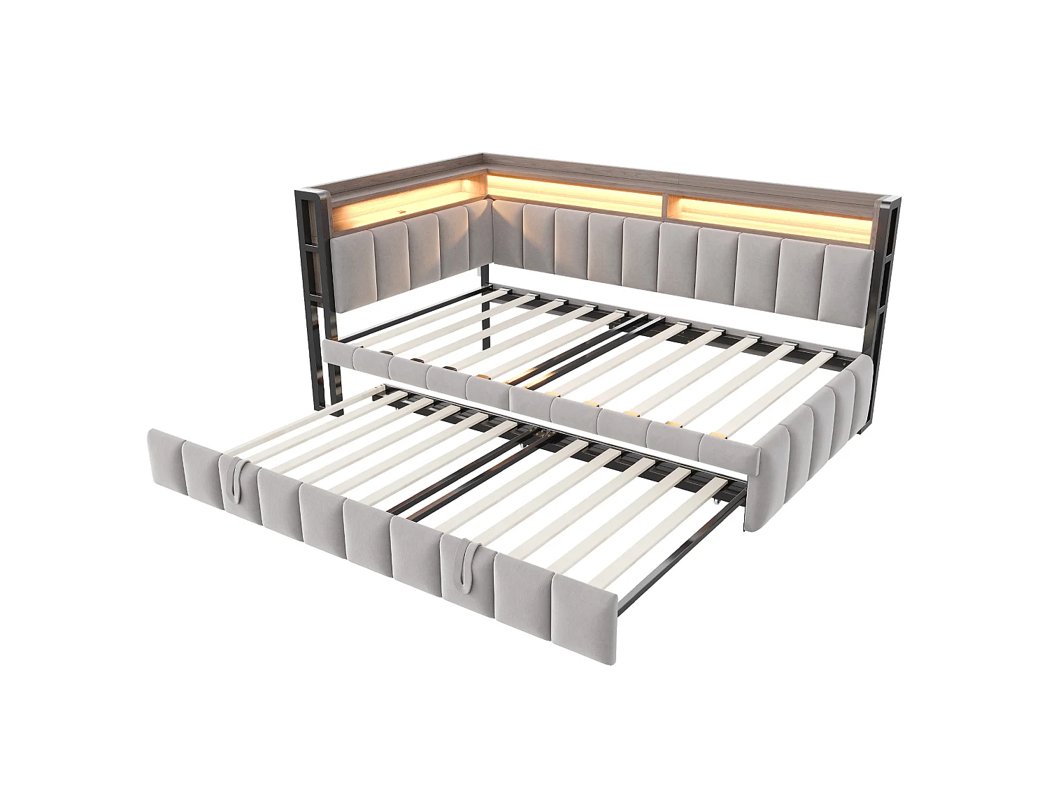 Udtræksseng 90 x 200 cm + 90 x 190 cm med hovedgærde, LED-belysning og USB/Type-C-porte - Fløjl - Lysegrå (madras medfølger ikke)
