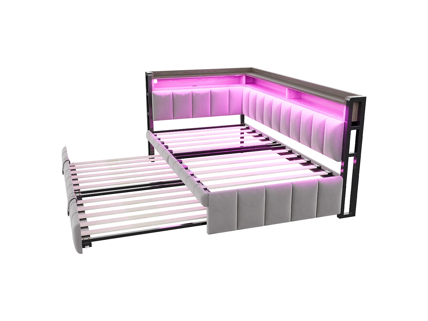 Udtræksseng 90 x 200 cm + 90 x 190 cm med hovedgærde, LED-belysning og USB/Type-C-porte - Fløjl - Lysegrå (madras medfølger ikke)