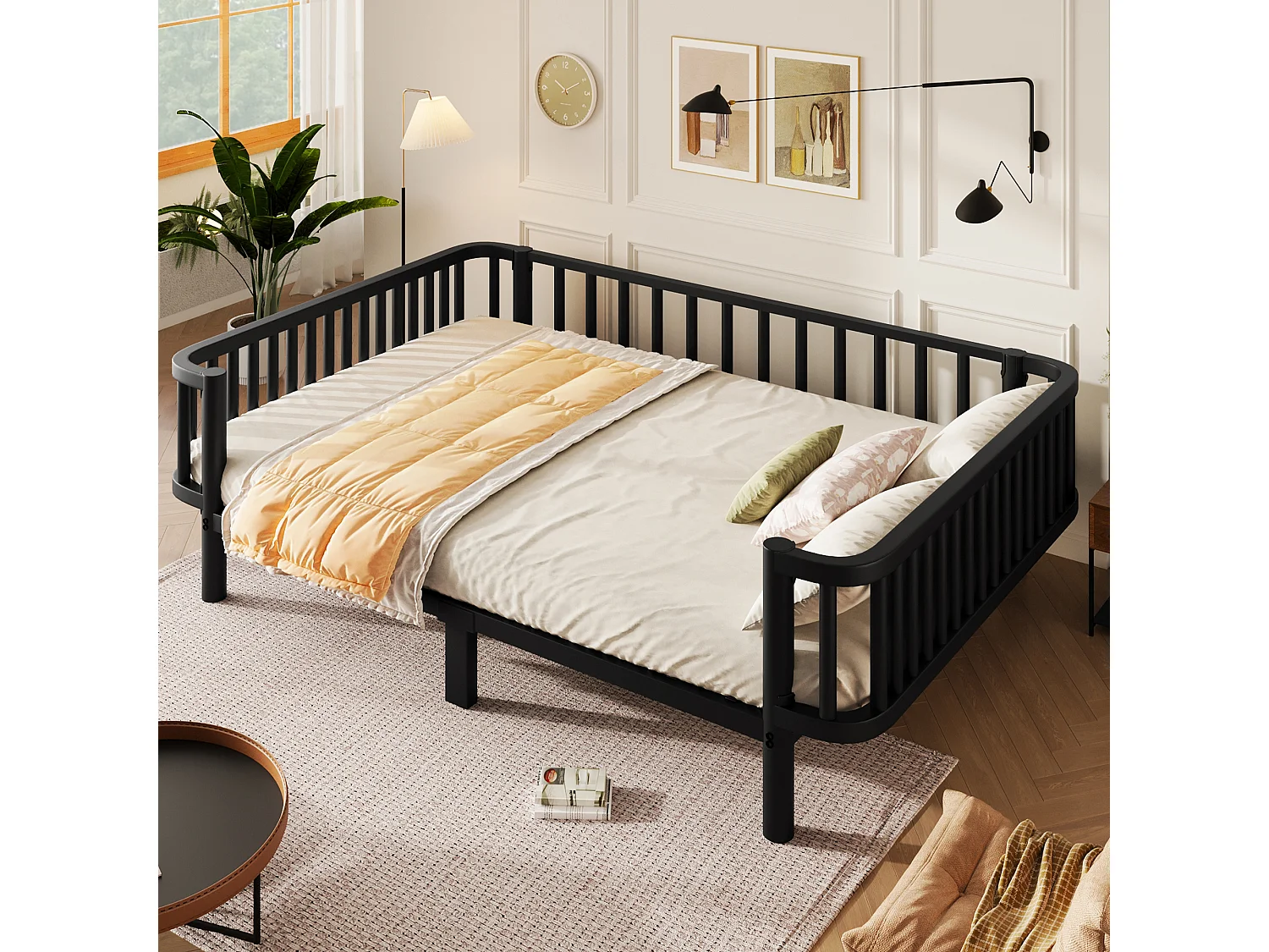 Seng 140 x 200 cm med lamelbund af stål og robust metalstel – Metal – Sort (madras medfølger ikke)