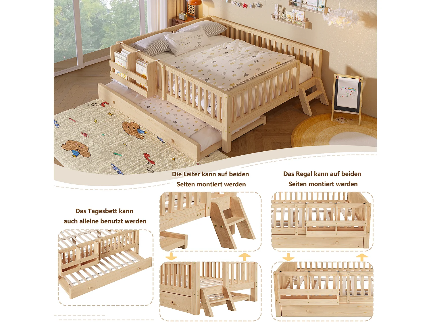 Lit enfant 140 x 200 cm avec lit gigogne, barrières, échelle et étagère réversibles - MDF/Pin - Bois (Sans matelas)