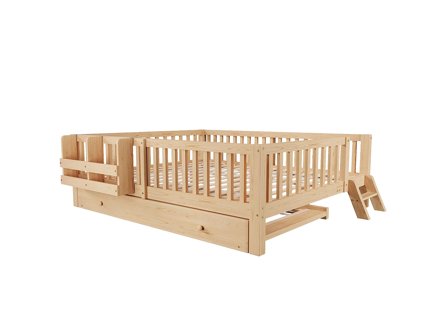 Lit enfant 140 x 200 cm avec lit gigogne, barrières, échelle et étagère réversibles - MDF/Pin - Bois (Sans matelas)