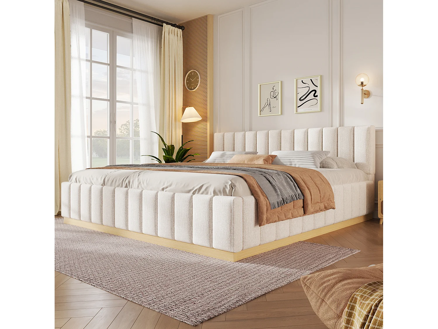 Polstret seng 180 x 200 cm med hovedgærde, afrundede kanter og lav ramme – Chenille og krydsfiner – Beige (Madras medfølger ikke)