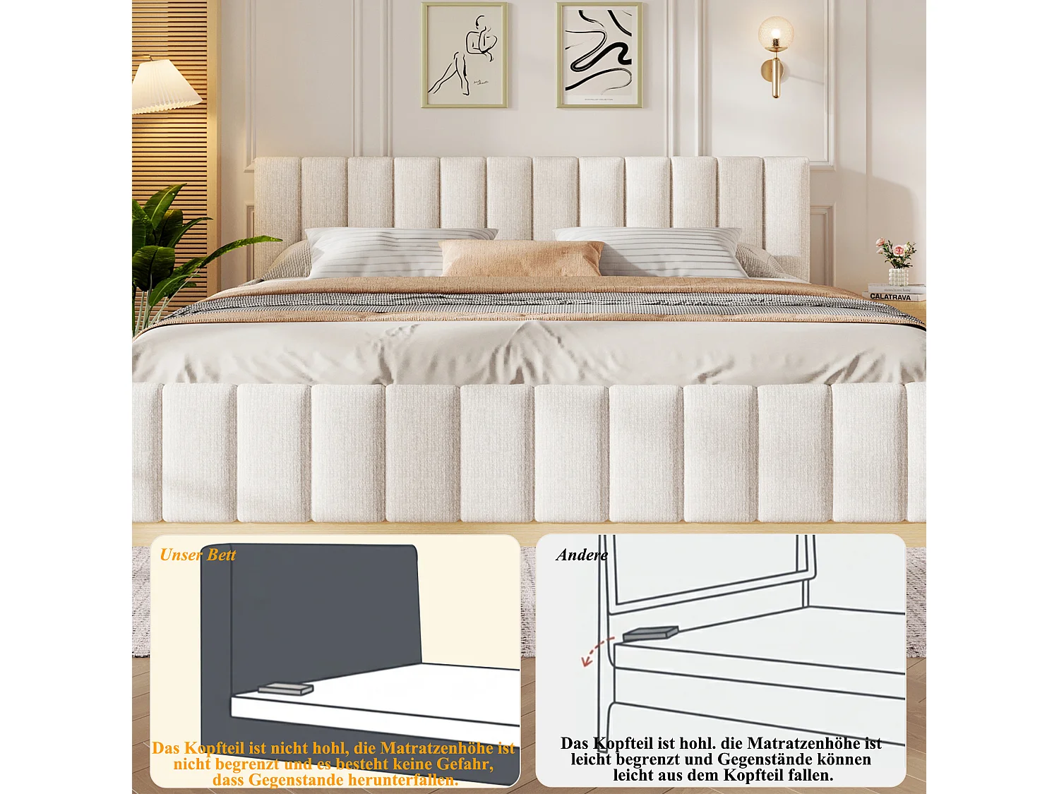 Polstret seng 180 x 200 cm med hovedgærde, afrundede kanter og lav ramme – Chenille og krydsfiner – Beige (Madras medfølger ikke)