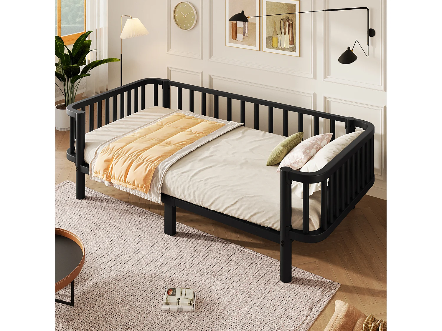 Seng 90 x 200 cm med lamelbund af stål og robust metalstel – Metal – Sort (madras medfølger ikke)