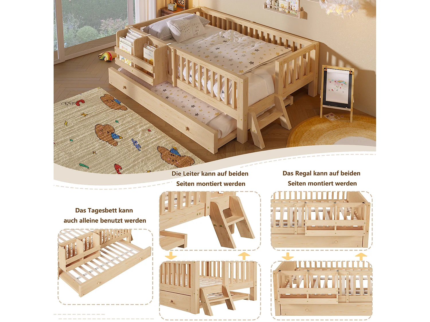 Lit enfant 90 x 200 cm avec lit gigogne, barrières, échelle et étagère réversibles - MDF/Pin - Bois (Sans matelas)