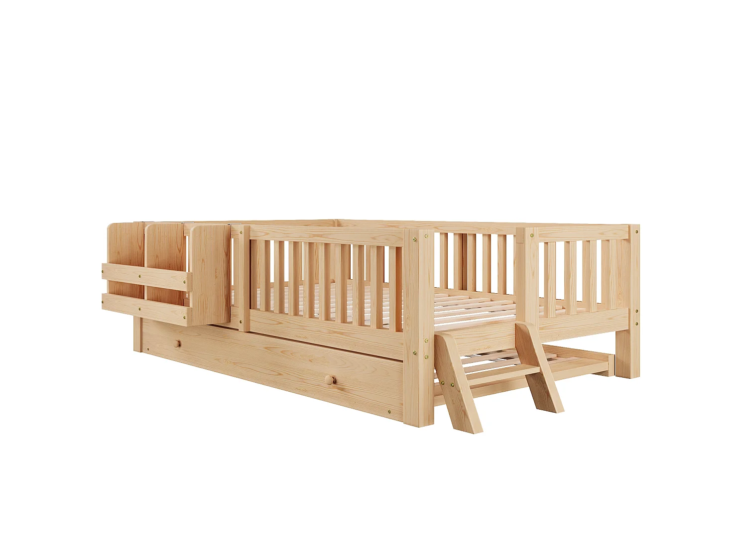 Lit enfant 90 x 200 cm avec lit gigogne, barrières, échelle et étagère réversibles - MDF/Pin - Bois (Sans matelas)