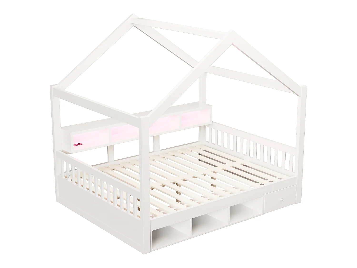 Lit cabane 140 x 200 cm avec rangements, tiroirs, éclairage LED et prises électriques - Bois de pin - Blanc (sans matelas)