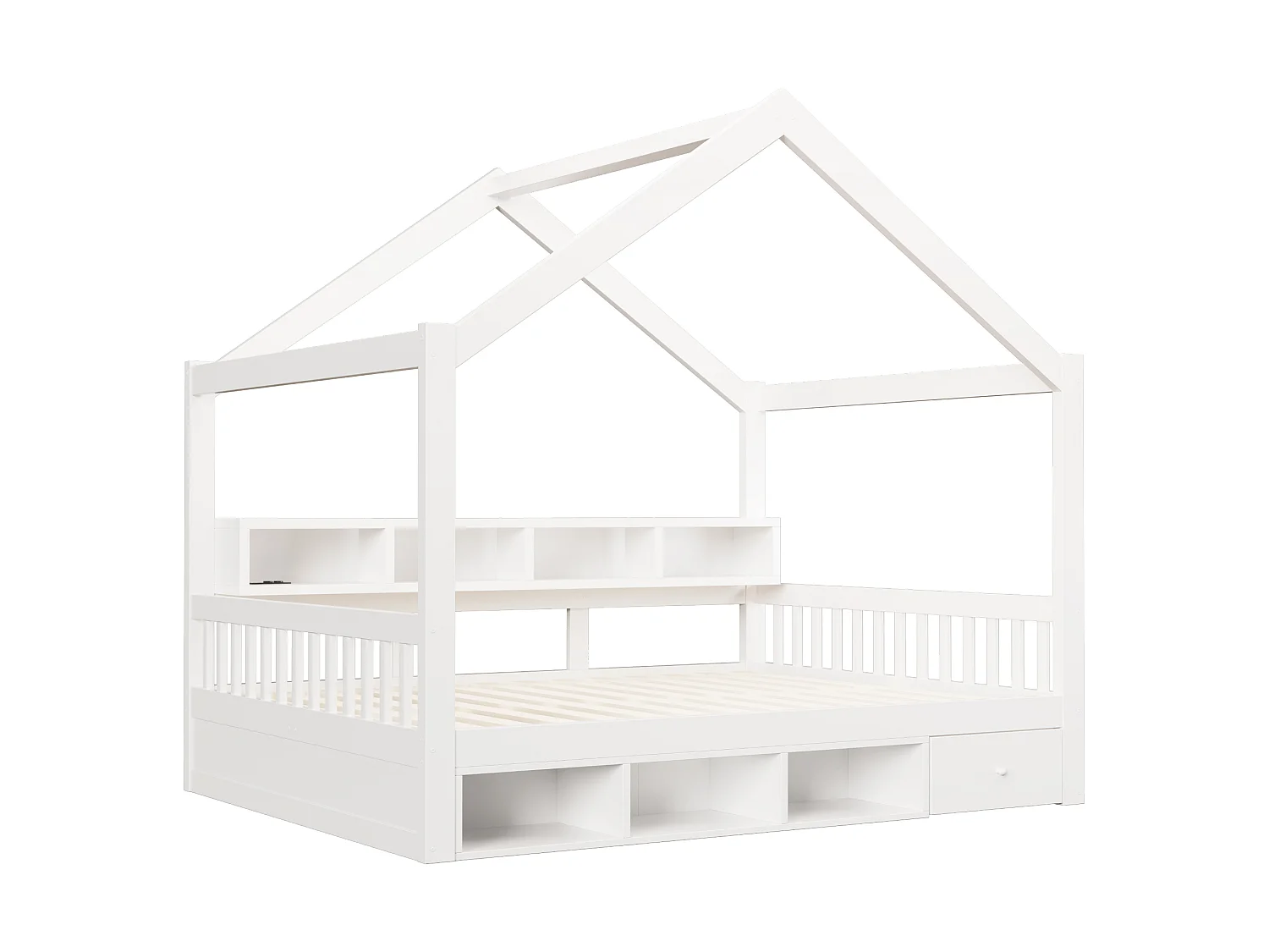 Lit cabane 140 x 200 cm avec rangements, tiroirs, éclairage LED et prises électriques - Bois de pin - Blanc (sans matelas)