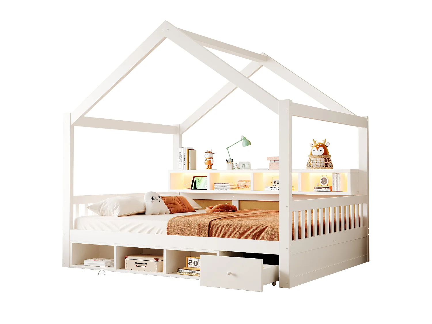 Lit cabane 140 x 200 cm avec rangements, tiroirs, éclairage LED et prises électriques - Bois de pin - Blanc (sans matelas)