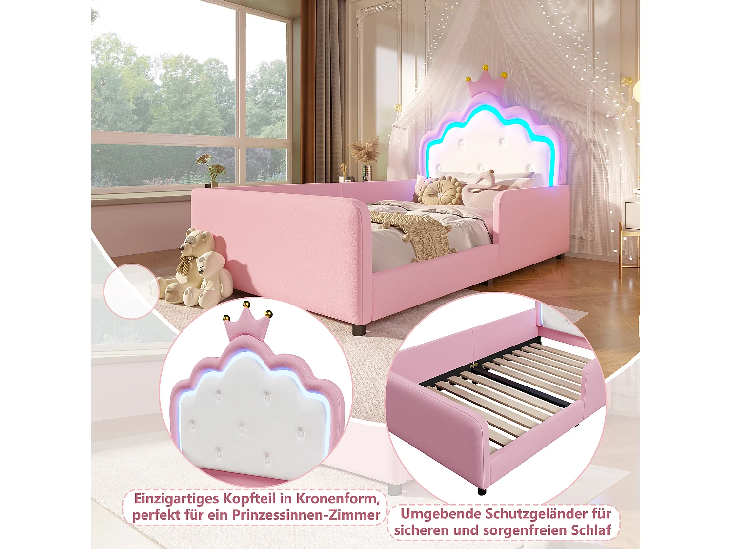 Lit capitonné 90 x 190 cm en forme de couronne avec LED et barrières de sécurité – PU et MDF – Rose (Sans matelas)