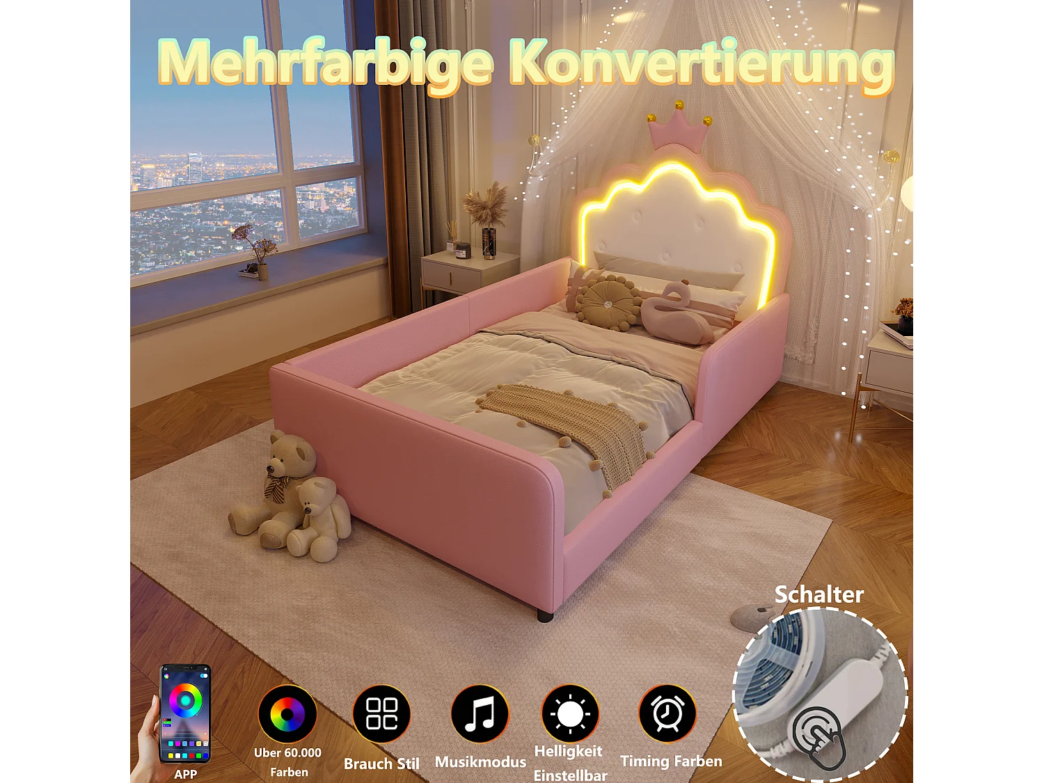 Lit capitonné 90 x 190 cm en forme de couronne avec LED et barrières de sécurité – PU et MDF – Rose (Sans matelas)