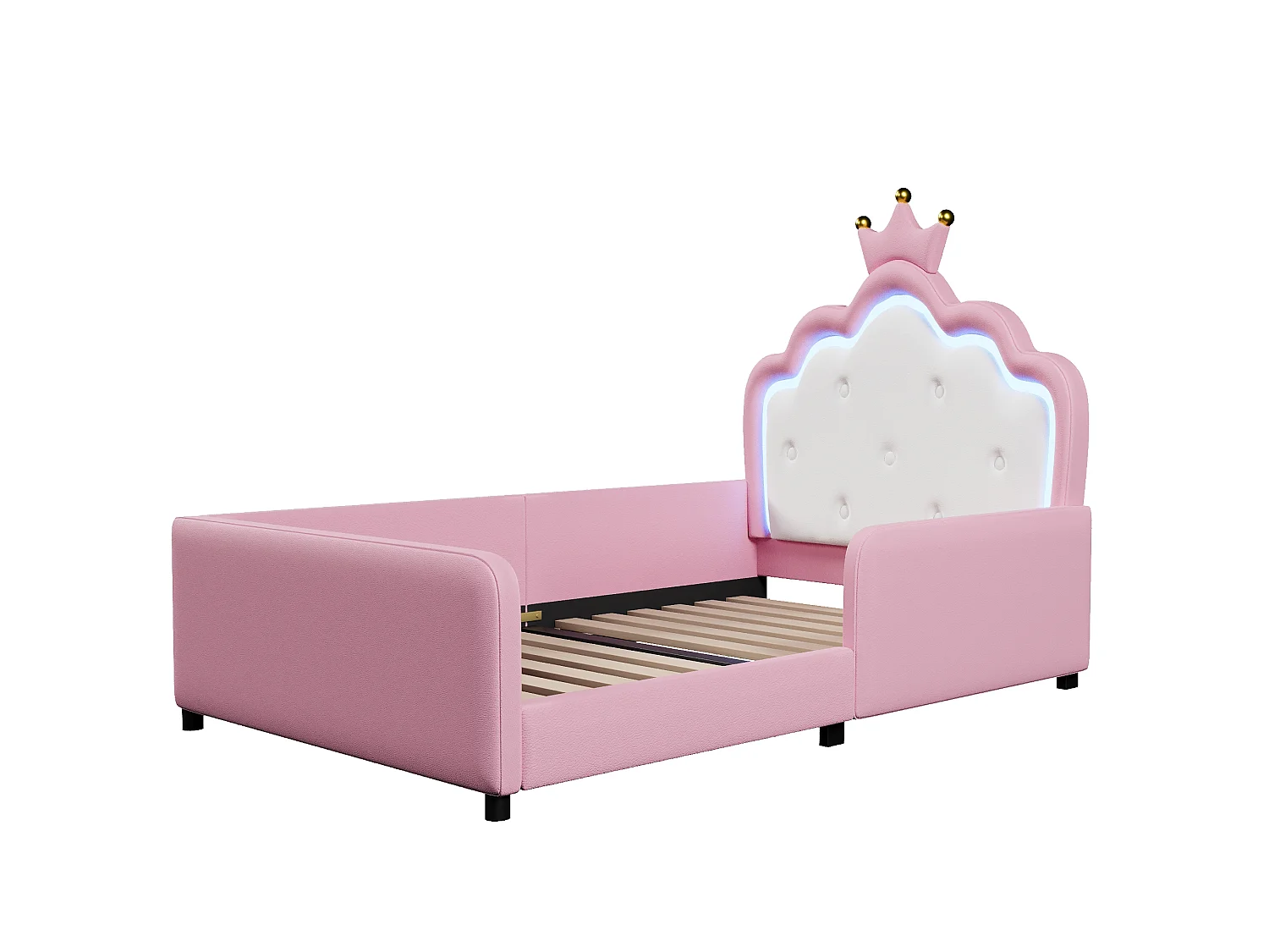 Lit capitonné 90 x 190 cm en forme de couronne avec LED et barrières de sécurité – PU et MDF – Rose (Sans matelas)