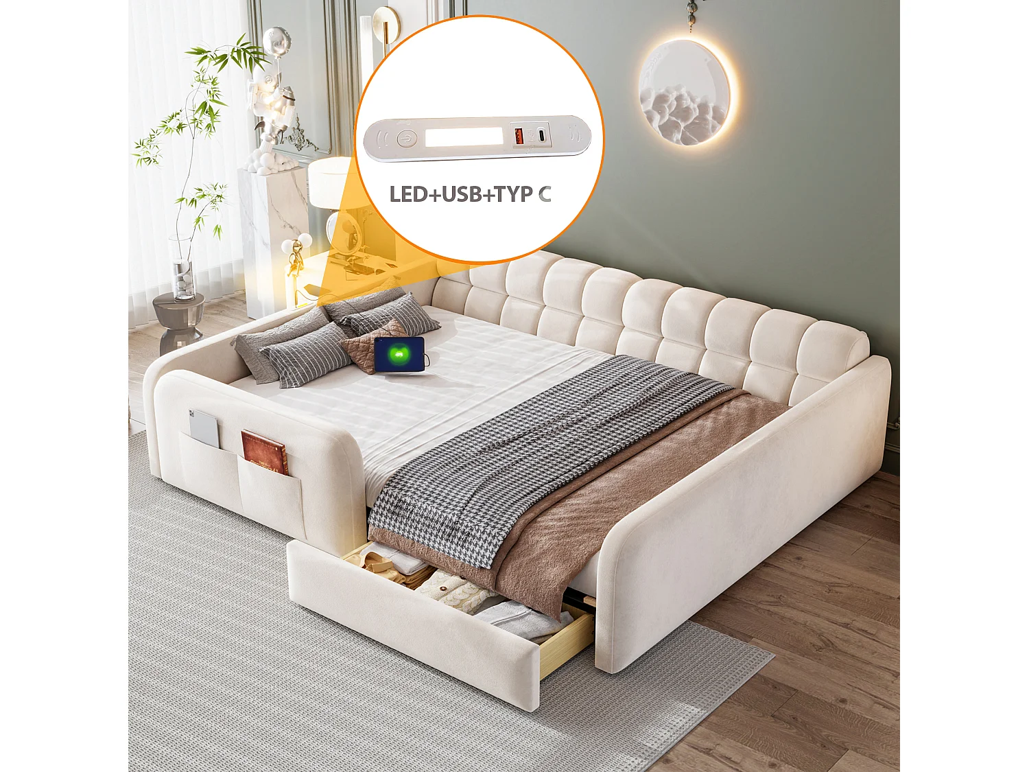 Polstret seng 140 x 200 cm med 1 opbevaringsskuffe, natlampe og USB/USB-C-porte - Fløjl - Beige (madras medfølger ikke)