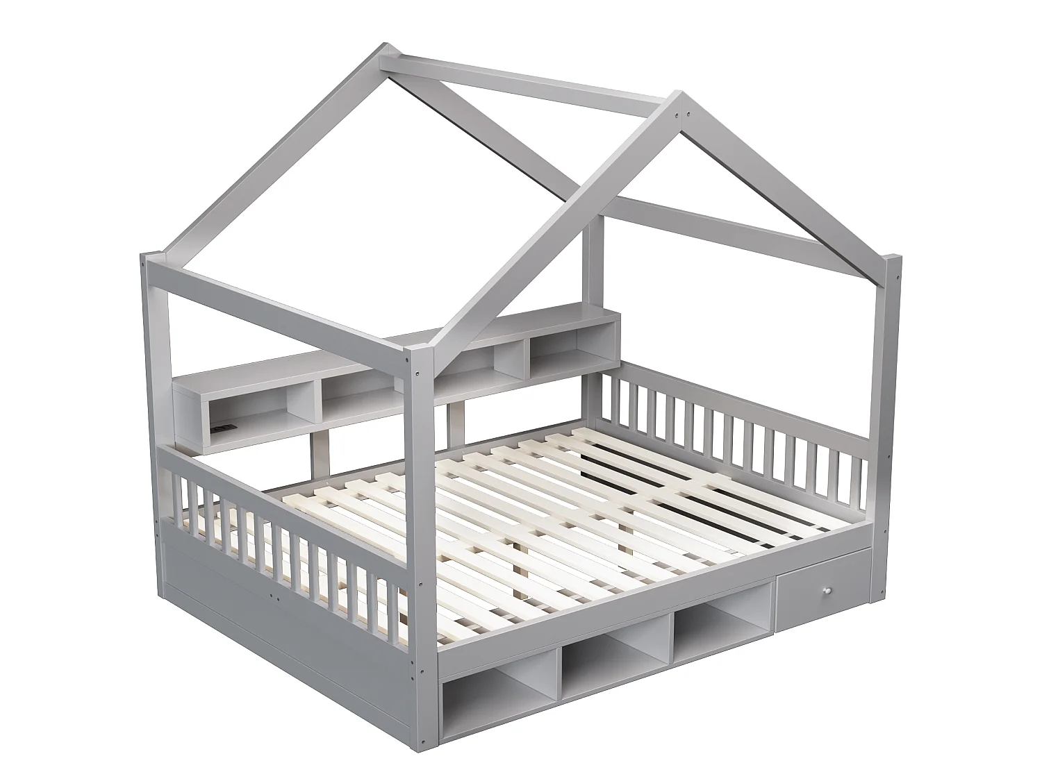 Lit cabane 140 x 200 cm avec rangements, tiroirs, éclairage LED et prises électriques - Bois de pin - Gris (sans matelas)