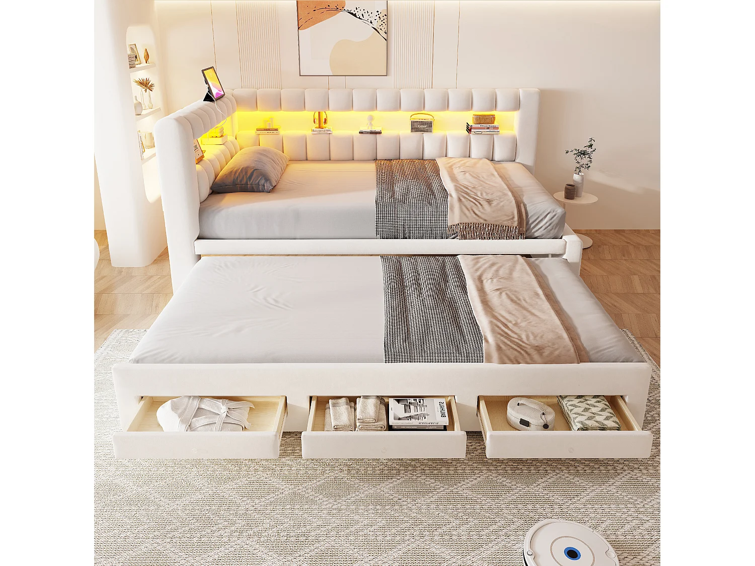 Udtræksseng 90 x 190 cm + 90 x 190 cm med 3 skuffer, hovedgærde med opbevaring, LED og USB/Type-C porte - Fløjl - Beige (madras medfølger ikke)