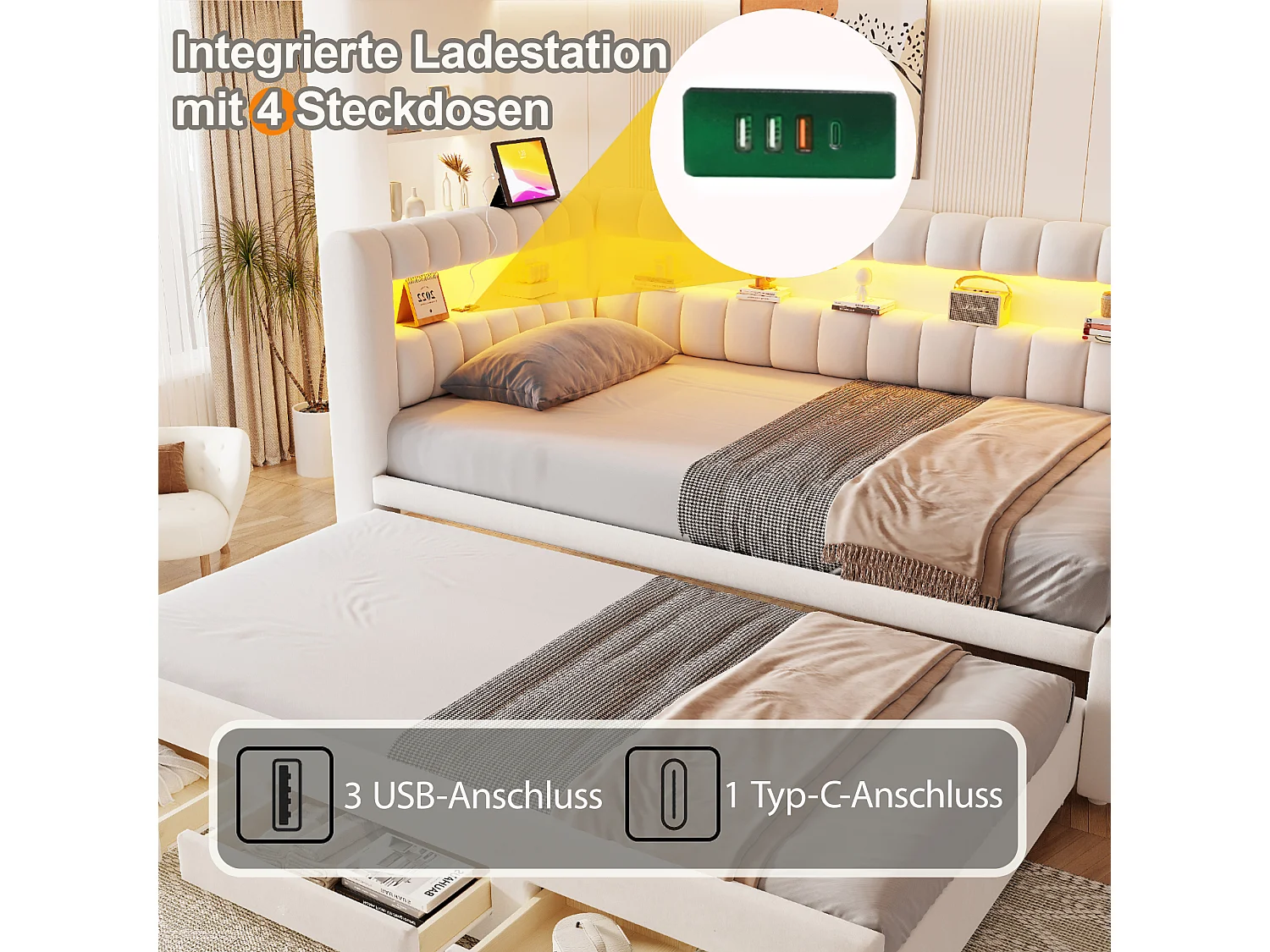 Udtræksseng 90 x 190 cm + 90 x 190 cm med 3 skuffer, hovedgærde med opbevaring, LED og USB/Type-C porte - Fløjl - Beige (madras medfølger ikke)