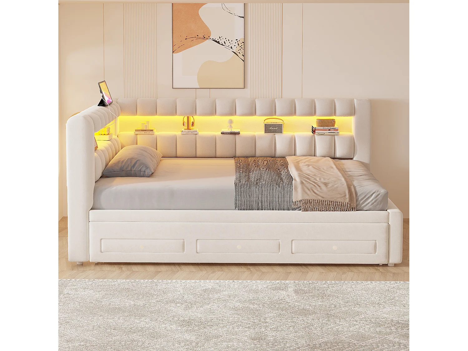 Udtræksseng 90 x 190 cm + 90 x 190 cm med 3 skuffer, hovedgærde med opbevaring, LED og USB/Type-C porte - Fløjl - Beige (madras medfølger ikke)