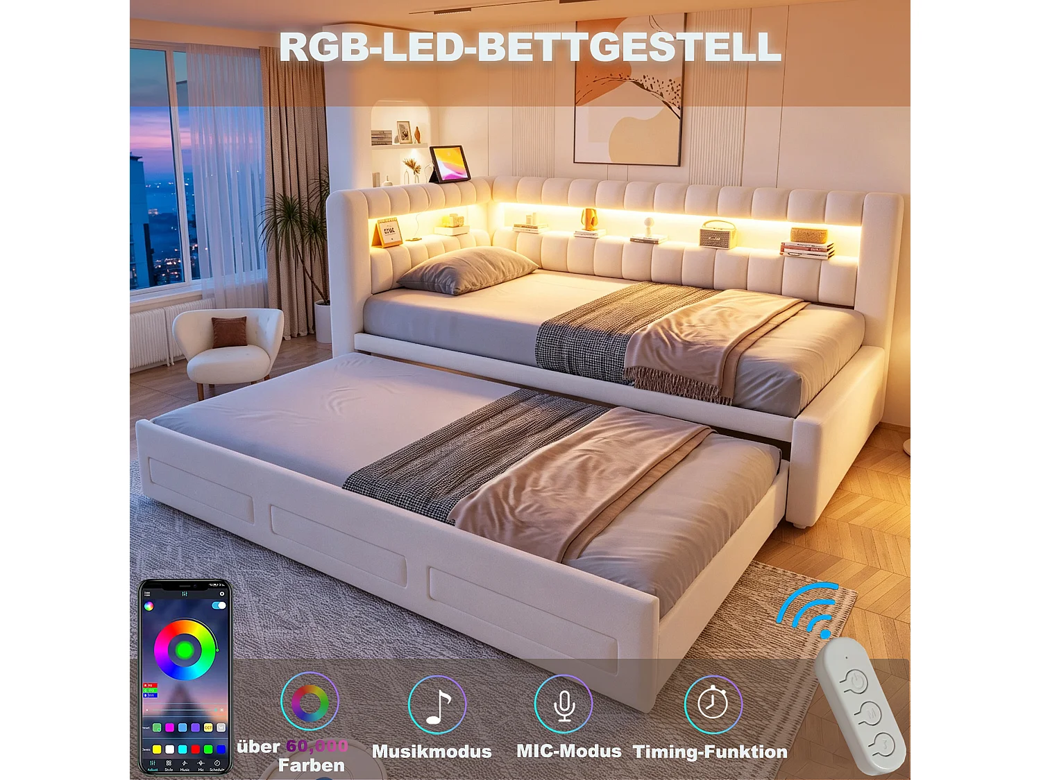 Udtræksseng 90 x 190 cm + 90 x 190 cm med 3 skuffer, hovedgærde med opbevaring, LED og USB/Type-C porte - Fløjl - Beige (madras medfølger ikke)