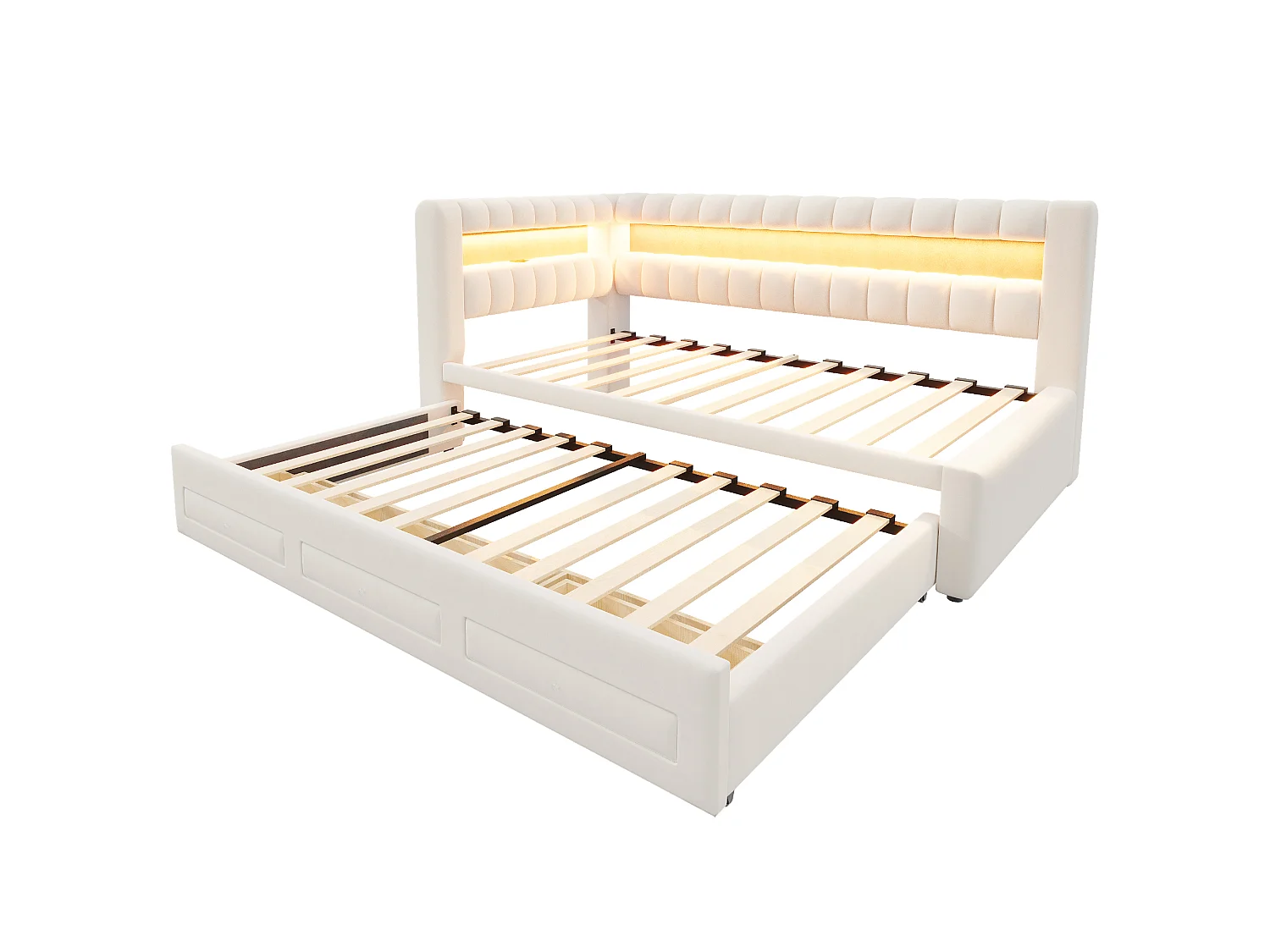 Udtræksseng 90 x 190 cm + 90 x 190 cm med 3 skuffer, hovedgærde med opbevaring, LED og USB/Type-C porte - Fløjl - Beige (madras medfølger ikke)