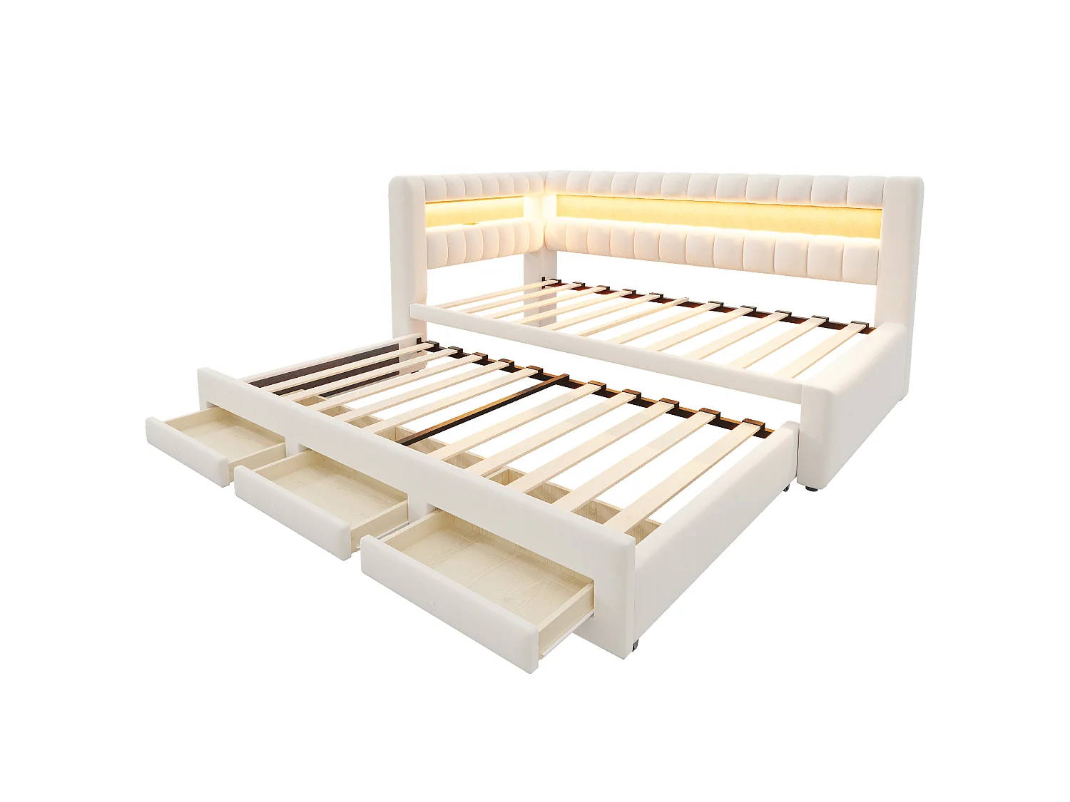 Udtræksseng 90 x 190 cm + 90 x 190 cm med 3 skuffer, hovedgærde med opbevaring, LED og USB/Type-C porte - Fløjl - Beige (madras medfølger ikke)