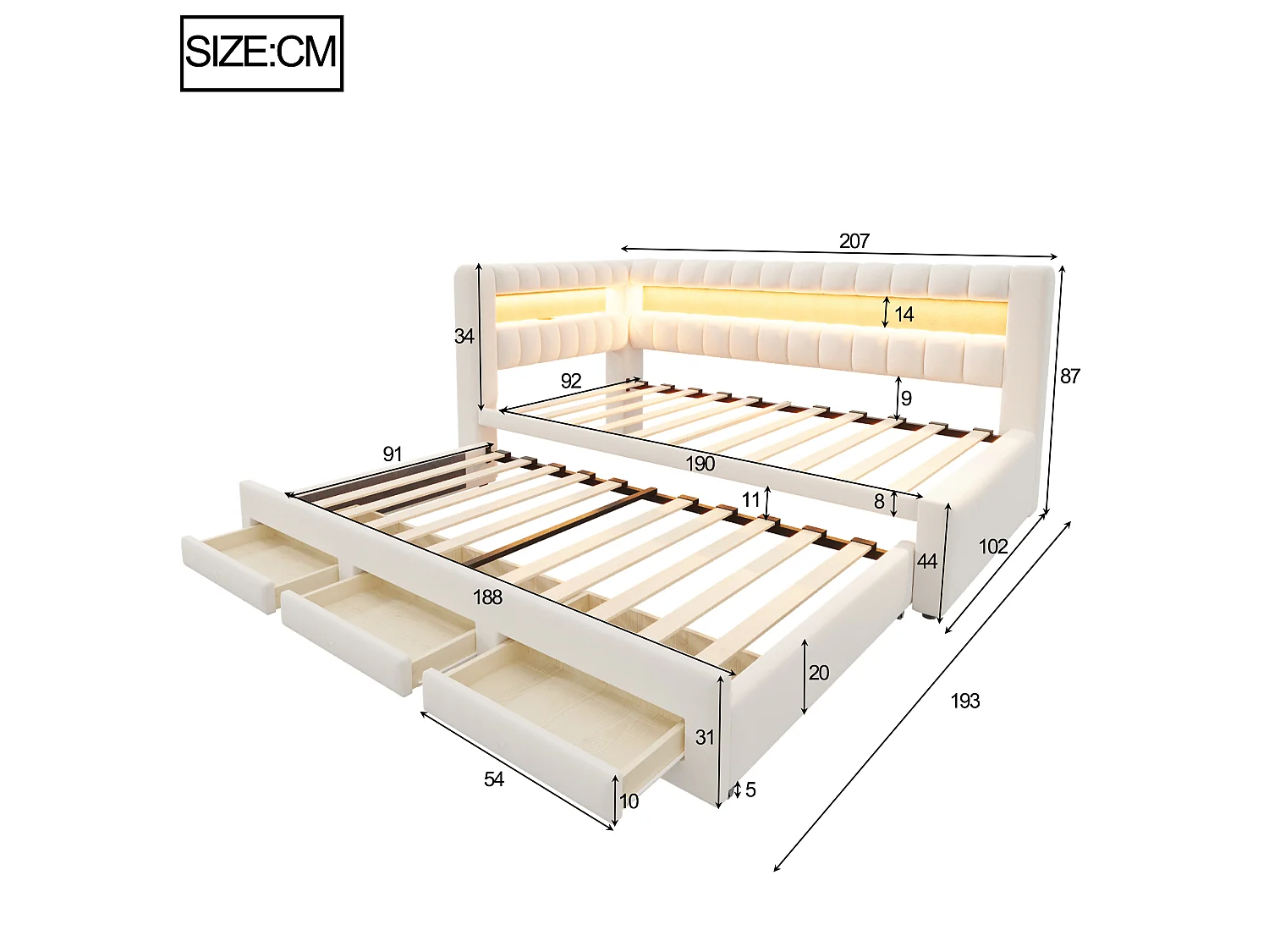 Udtræksseng 90 x 190 cm + 90 x 190 cm med 3 skuffer, hovedgærde med opbevaring, LED og USB/Type-C porte - Fløjl - Beige (madras medfølger ikke)