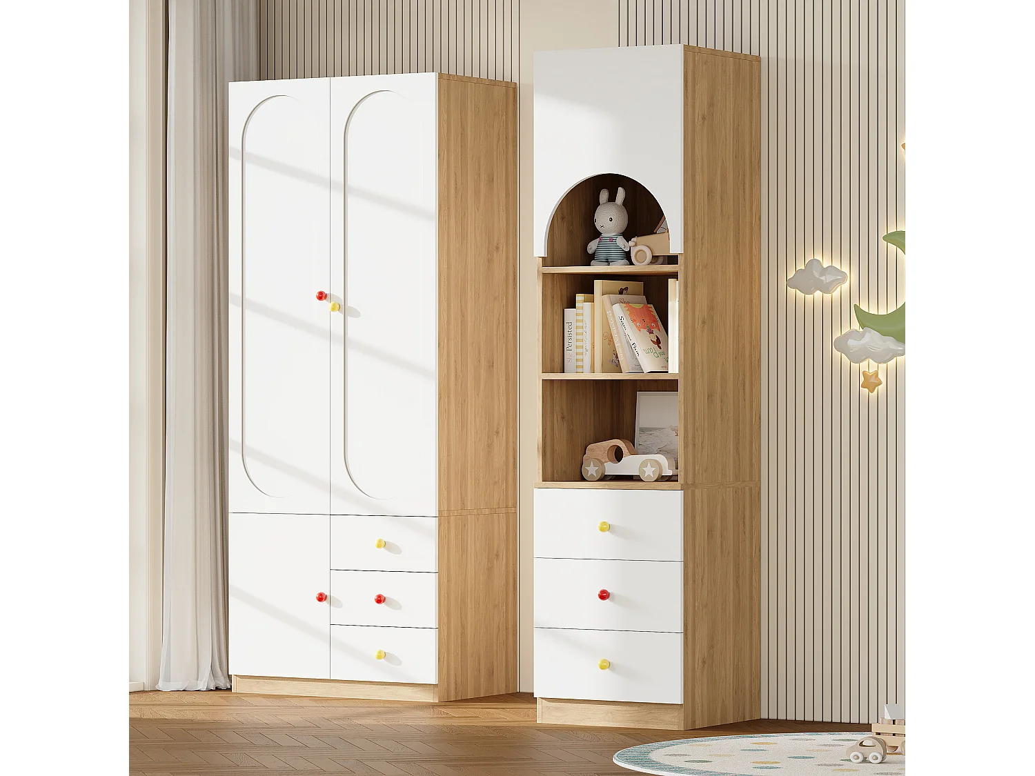 Ensemble meuble enfant avec armoire 3 portes et étagère, penderie, 6 tiroirs - MDF - 130 x 50 x 200 cm - Blanc et bois naturel