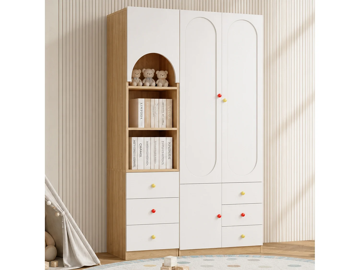 Ensemble meuble enfant avec armoire 3 portes et étagère, penderie, 6 tiroirs - MDF - 130 x 50 x 200 cm - Blanc et bois naturel