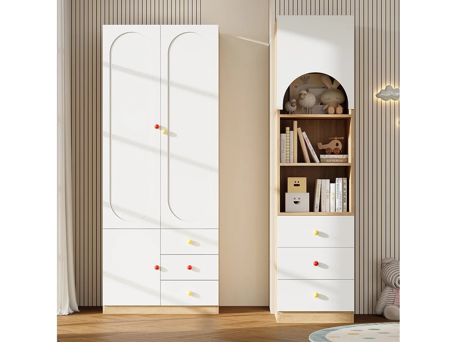 Ensemble meuble enfant avec armoire 3 portes et étagère, penderie, 6 tiroirs - MDF - 130 x 50 x 200 cm - Blanc et bois naturel